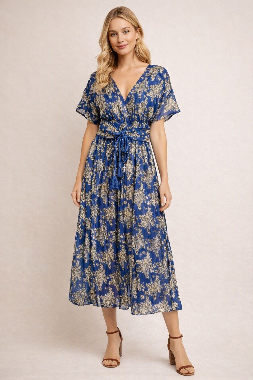 Beau + Ro Blue Floral Midi Dress with Tie Waist + sparkle